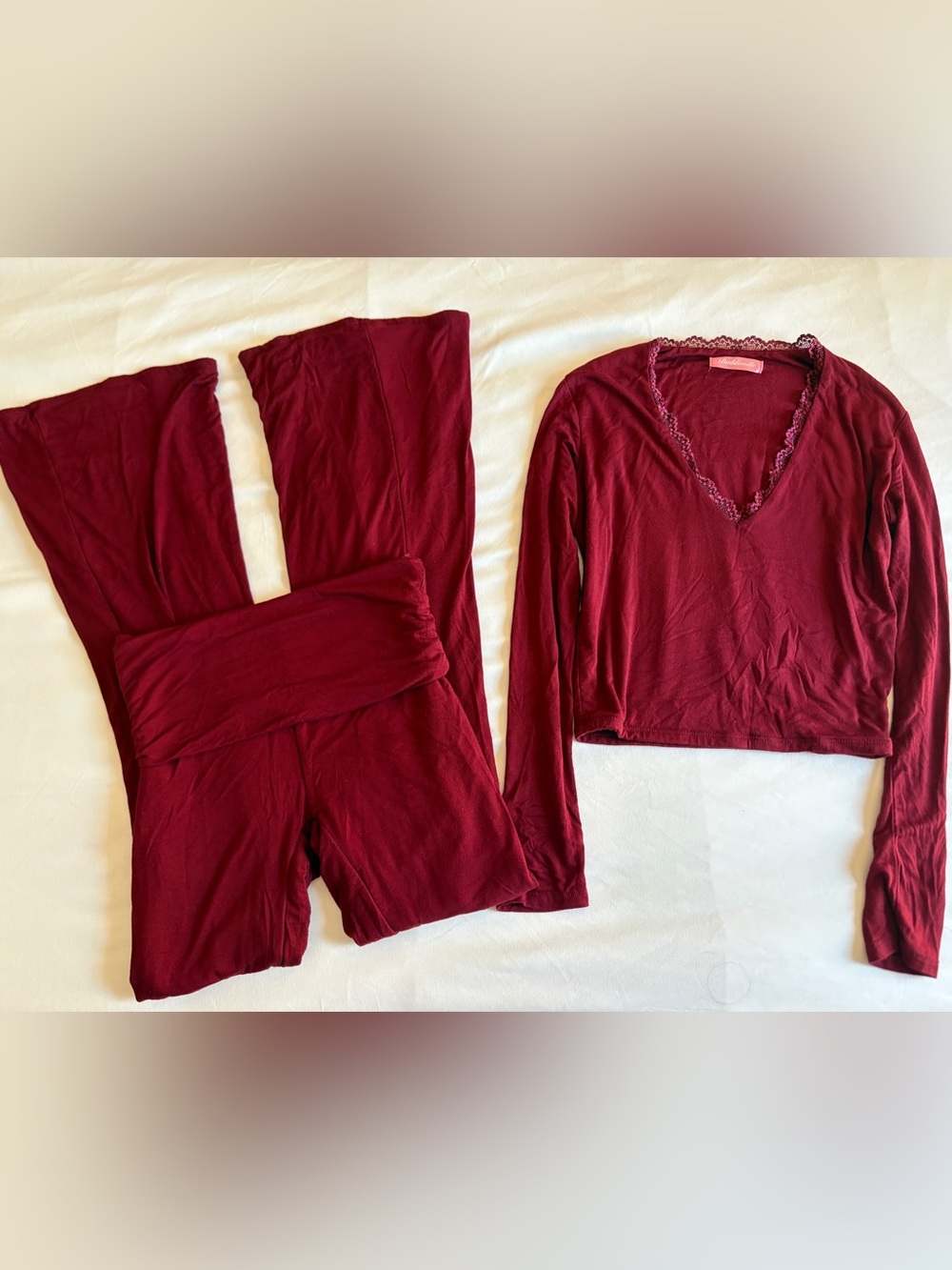 Baddieville Red Lace Trim Long Sleeve Crop Top Foldover Flare Legging Set Cozy